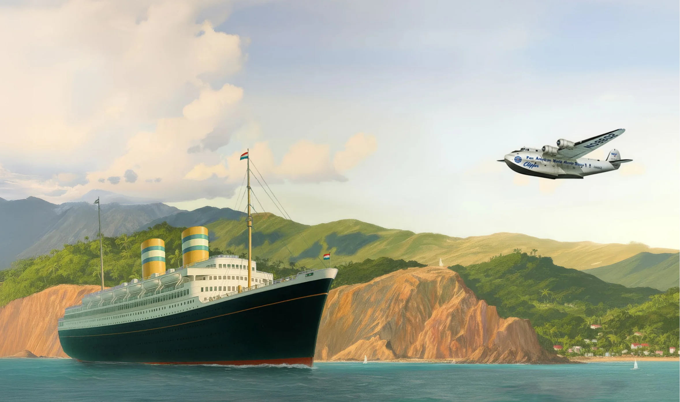 Large black and white ocean liner with yellow smokestacks near a green and rocky coastline under a partly cloudy sky, with a propeller seaplane flying nearby.