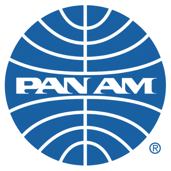 Pan Am logo consisting of a blue globe with horizontal and vertical lines and the text 'PAN AM' across the center.