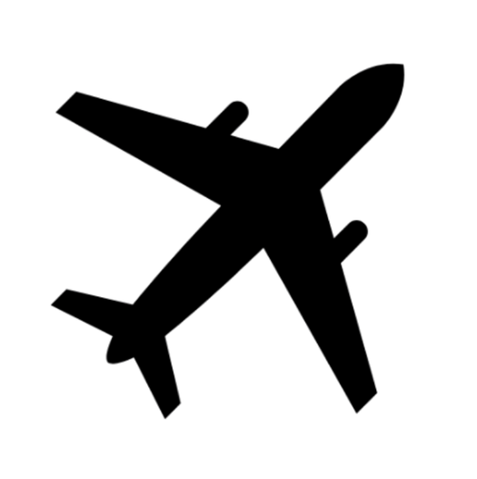 Black silhouette of an airplane icon viewed from above with wings and tail clearly visible.
