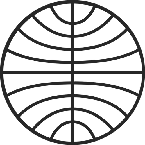 Black line art of a globe with longitudinal and curved latitudinal lines inside a circle.