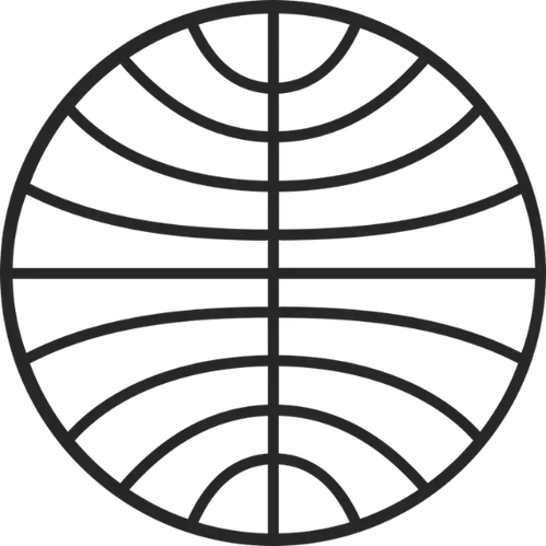 Black line art of a globe with longitudinal and curved latitudinal lines inside a circle.