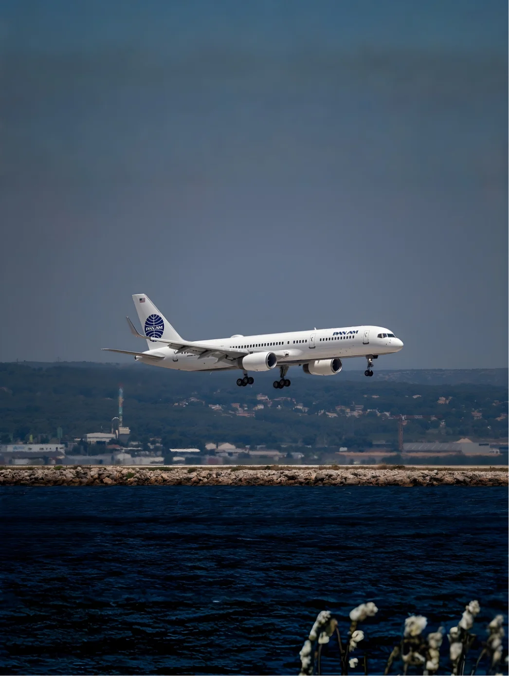 Pan Am airplane with landing gear extended flying low over water near a rocky shoreline with a distant land background.