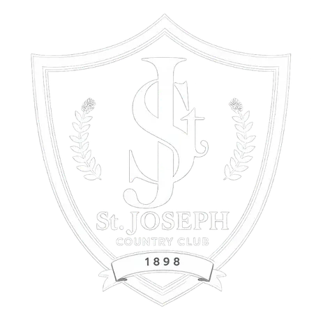 Shield emblem with intertwined letters S and J, two wheat stalks, and text 'St. Joseph Country Club 1898' on a banner.