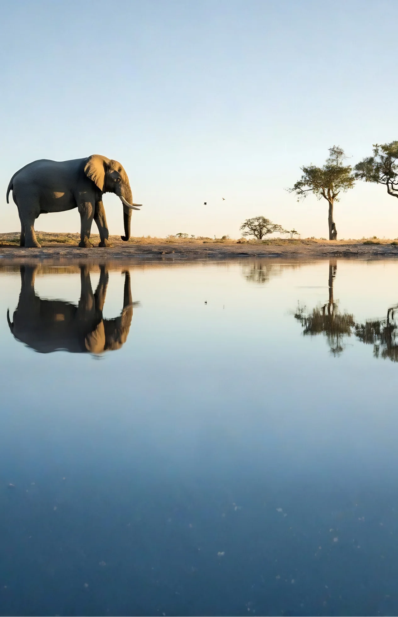 Elephant standing near water with reflections of the elephant and sparse trees on a clear sky background.