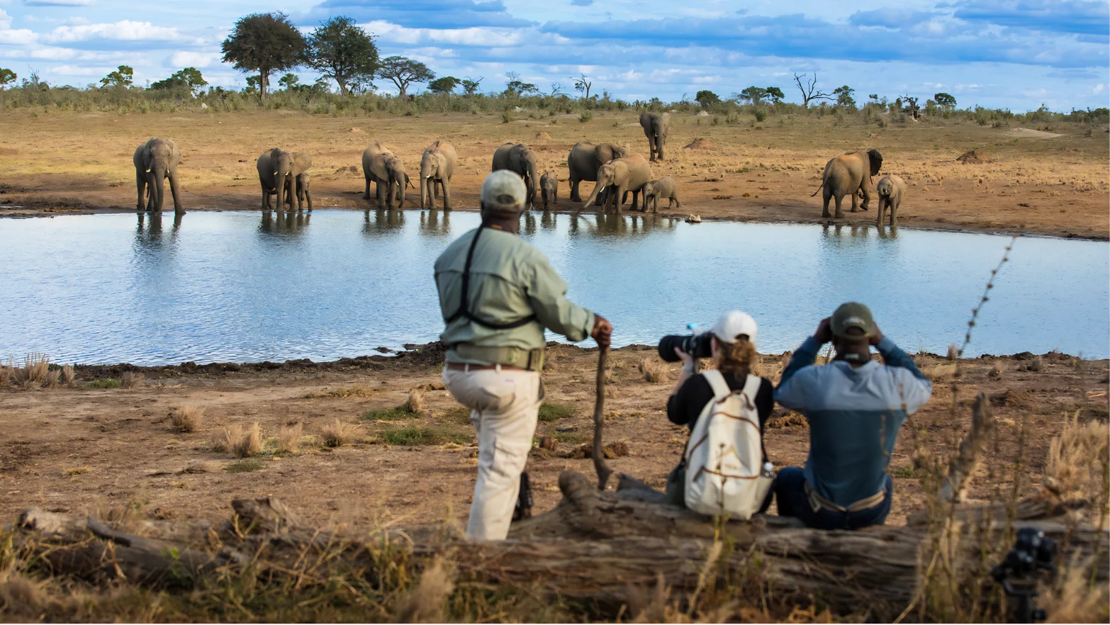 Group of elephants drinking water at a watering hole with three tourists observing and photographing them nearby.