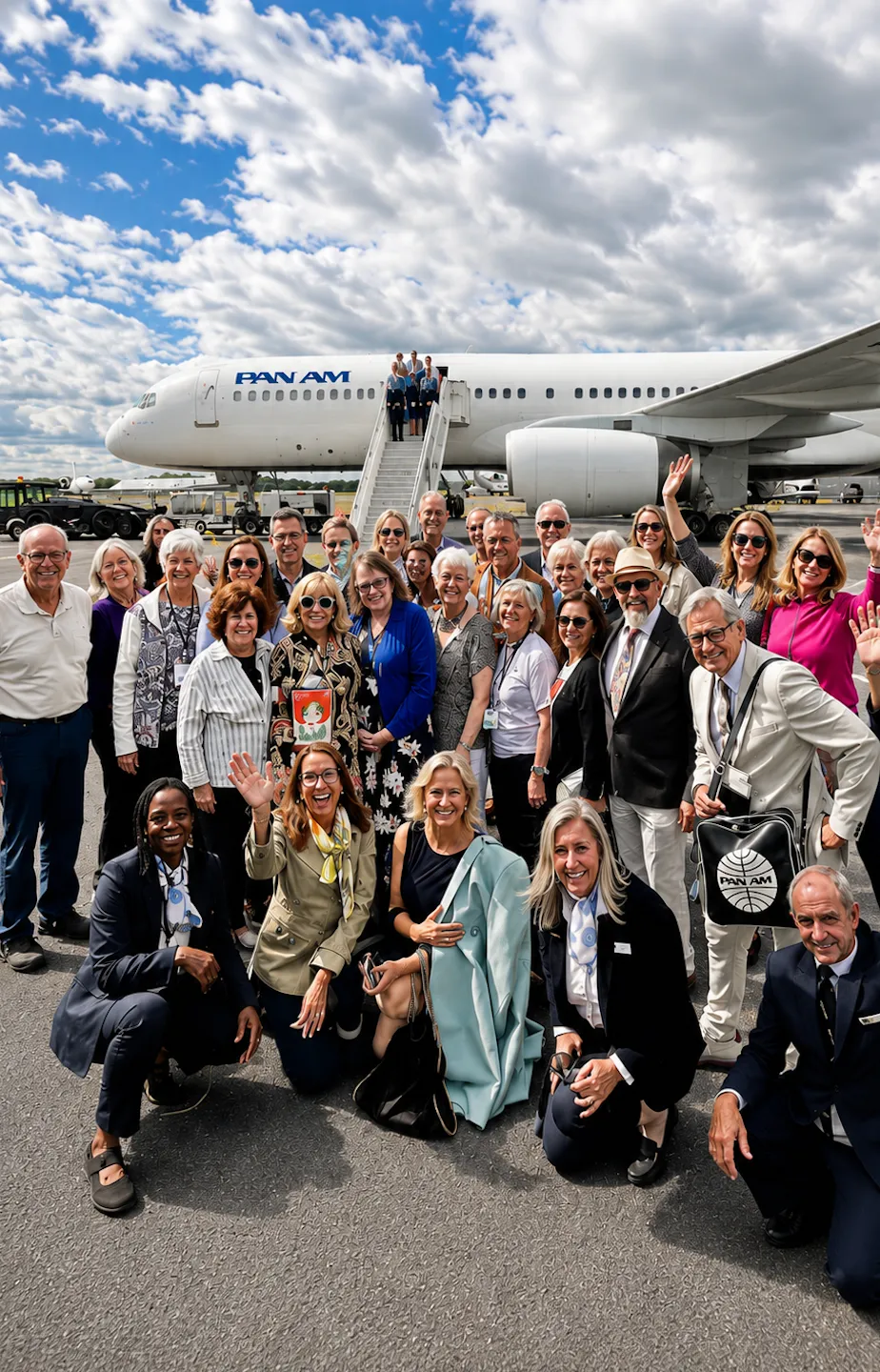 Pan Am Journeys travelers gathered in front of a Pan Am jet on the tarmac