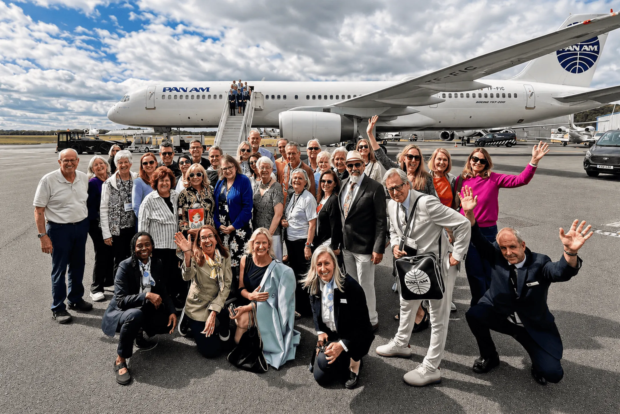 Pan Am Journeys travelers gathered in front of a Pan Am jet on the tarmac