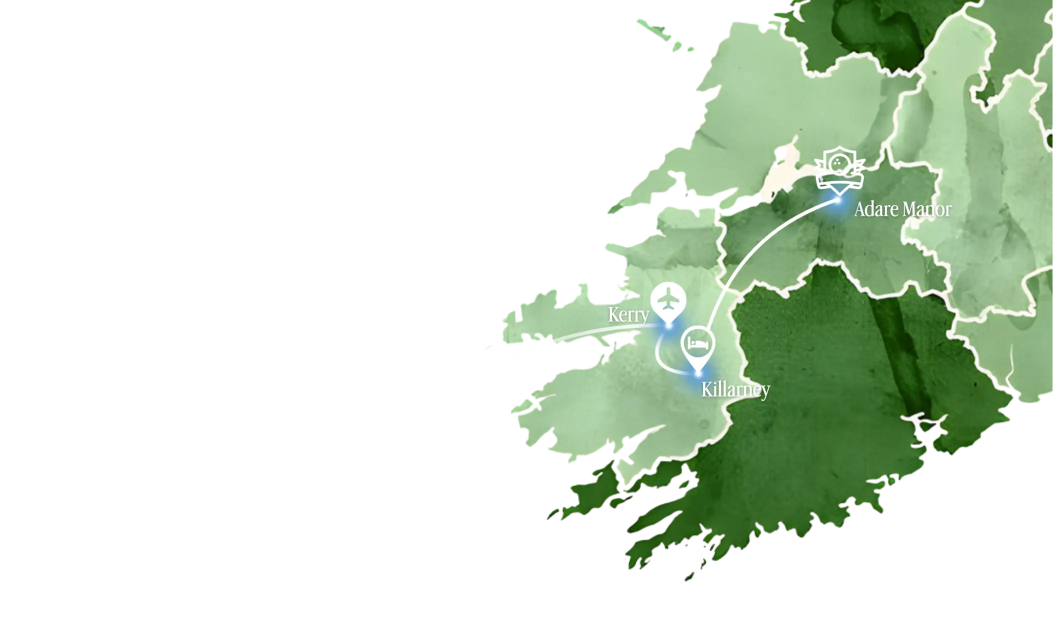 Map of southwestern Ireland highlighting Kerry, Killarney, and Adare Manor