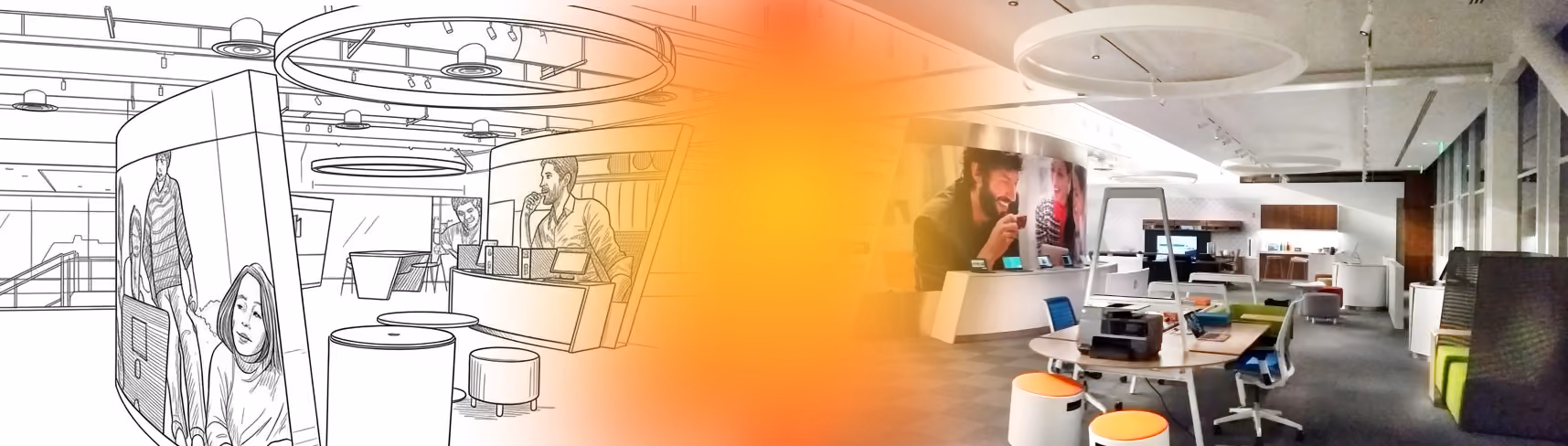 Office space image blending a black-and-white line drawing on the left with a colored photo of a modern workspace on the right, featuring people, desks, chairs, and illuminated ceiling fixtures.