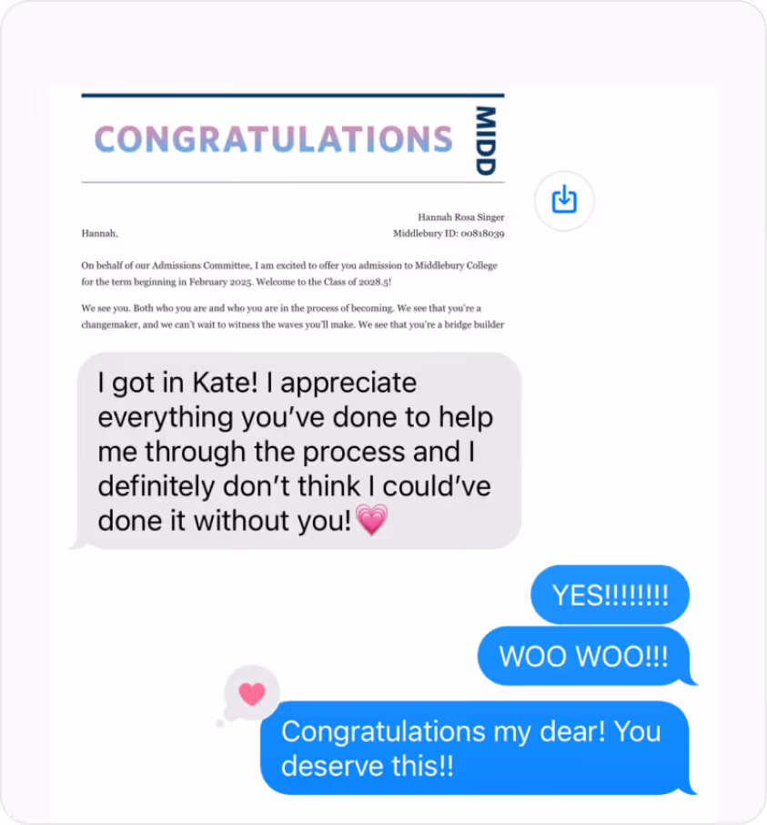 Screenshot of a congratulatory message exchange about college admission, with text messages expressing appreciation and excitement.