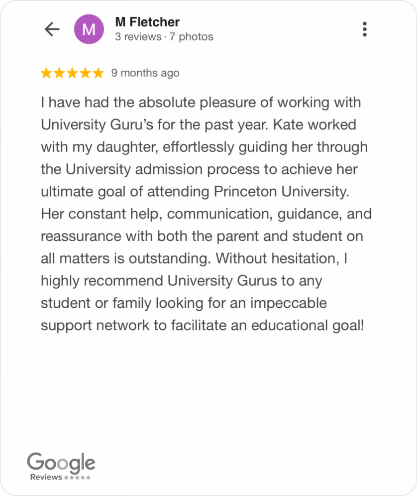 Google review by M Fletcher with five stars praising University Guru for excellent guidance in the university admission process, recommending their support for students and families.