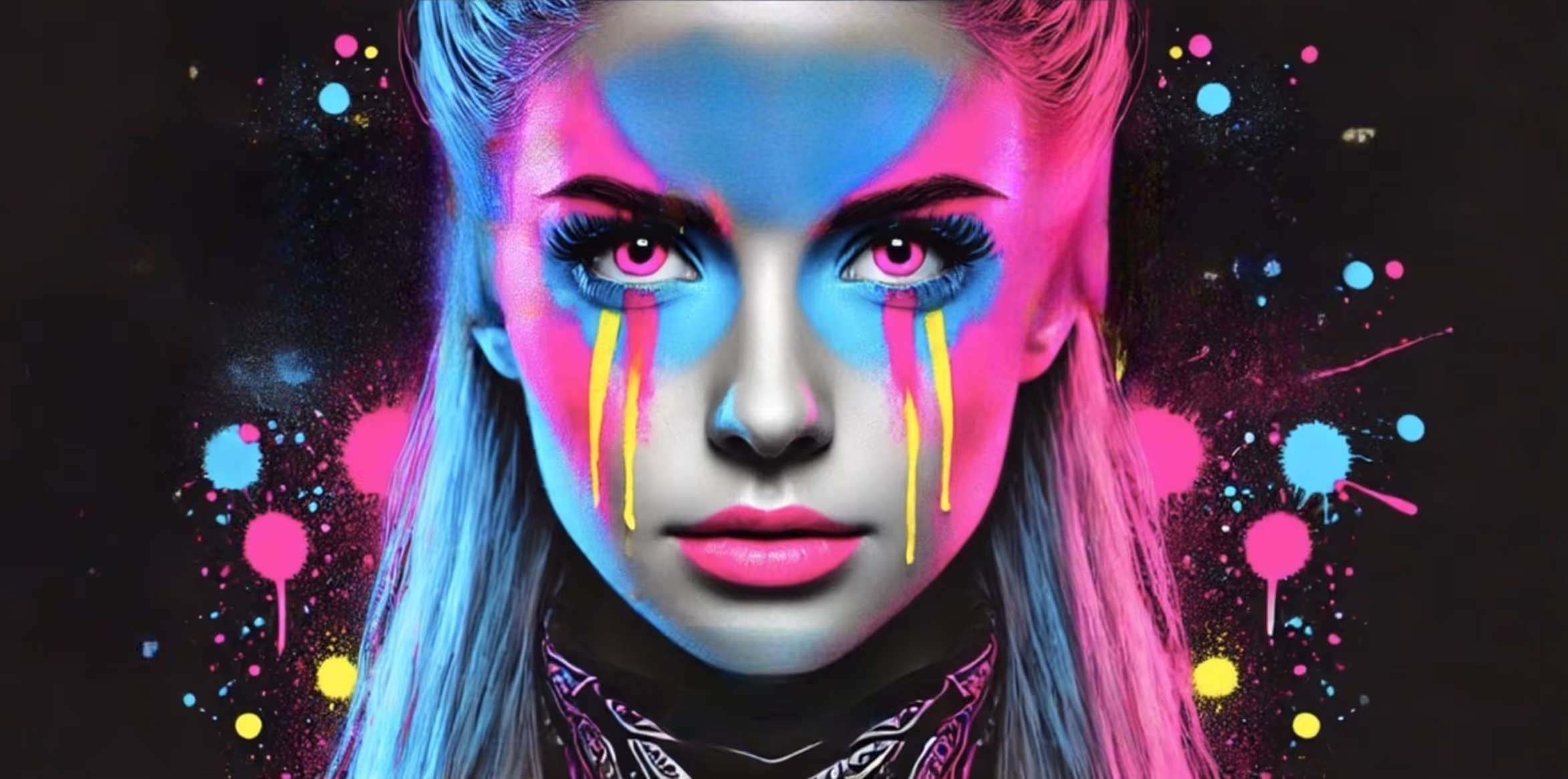 Close-up of a woman's face with neon pink, blue, and yellow paint splashes and streaks creating a vibrant artistic effect.