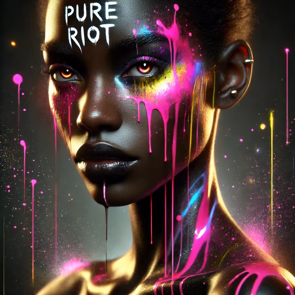 Portrait of a dark-skinned person with glowing amber eyes and vibrant neon pink, blue, and yellow paint splattered and dripping on their face and shoulders, with the words 'PURE RIOT' written on their forehead.