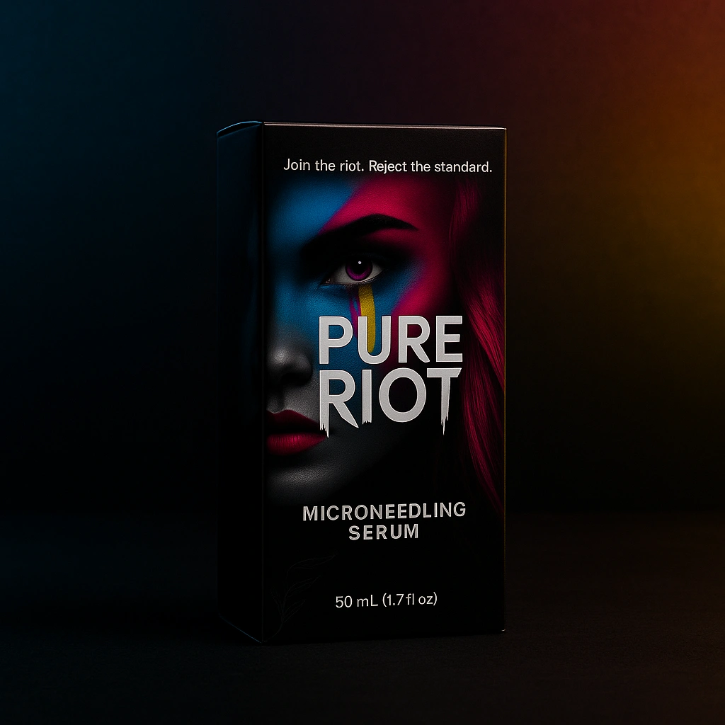 Black packaging of PureRiot microneedling serum featuring a stylized face with colorful blue, pink, and yellow paint on a dark background.