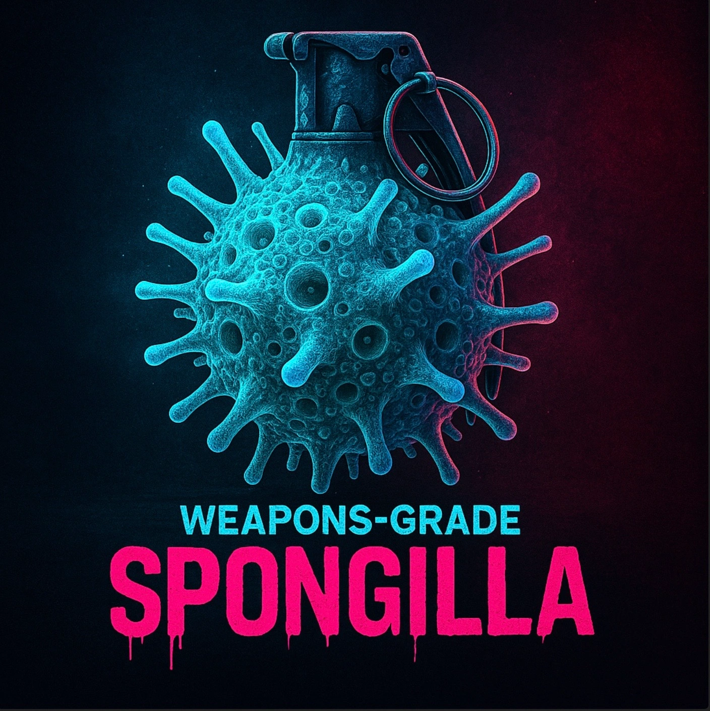 Blue spiky sponge-like object with a grenade handle and pin above text reading 'WEAPONS-GRADE SPONGILLA'.