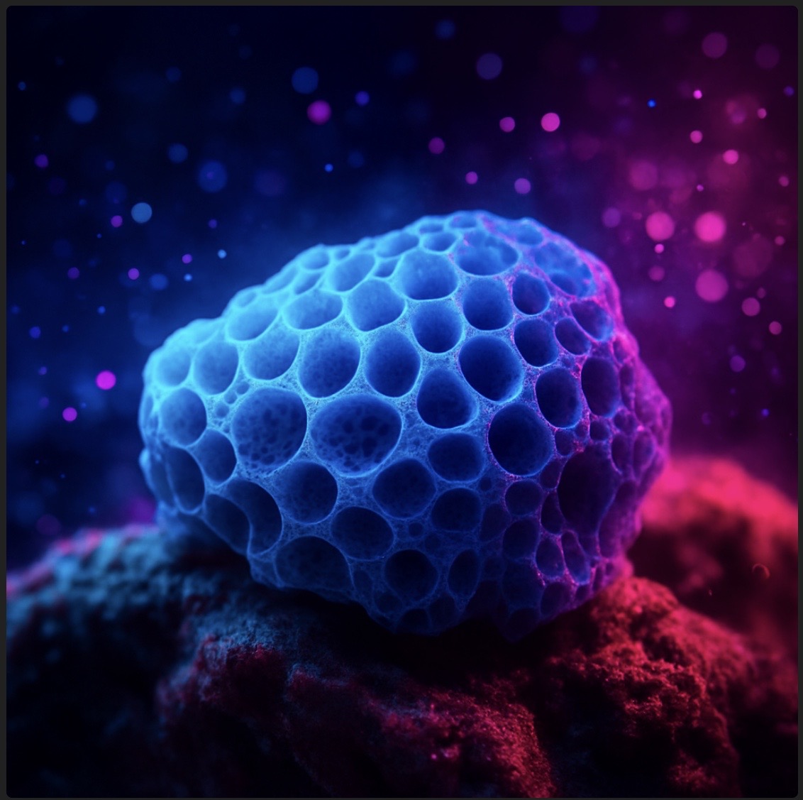 Close-up of a blue, porous sponge-like structure illuminated by purple and pink lighting.