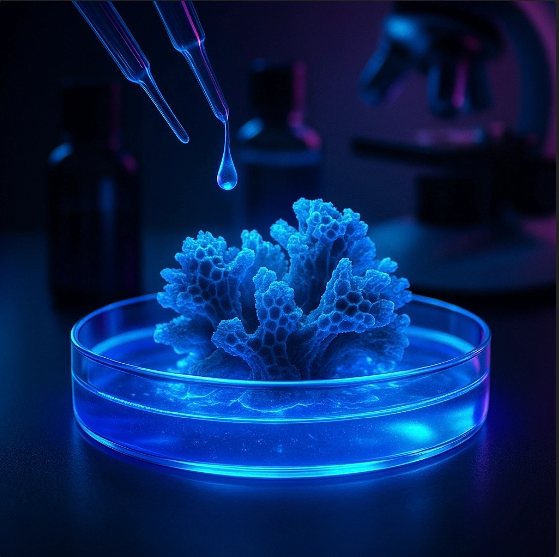 Blue illuminated sponge specimen in a petri dish with a dropper releasing liquid above it in a laboratory setting.
