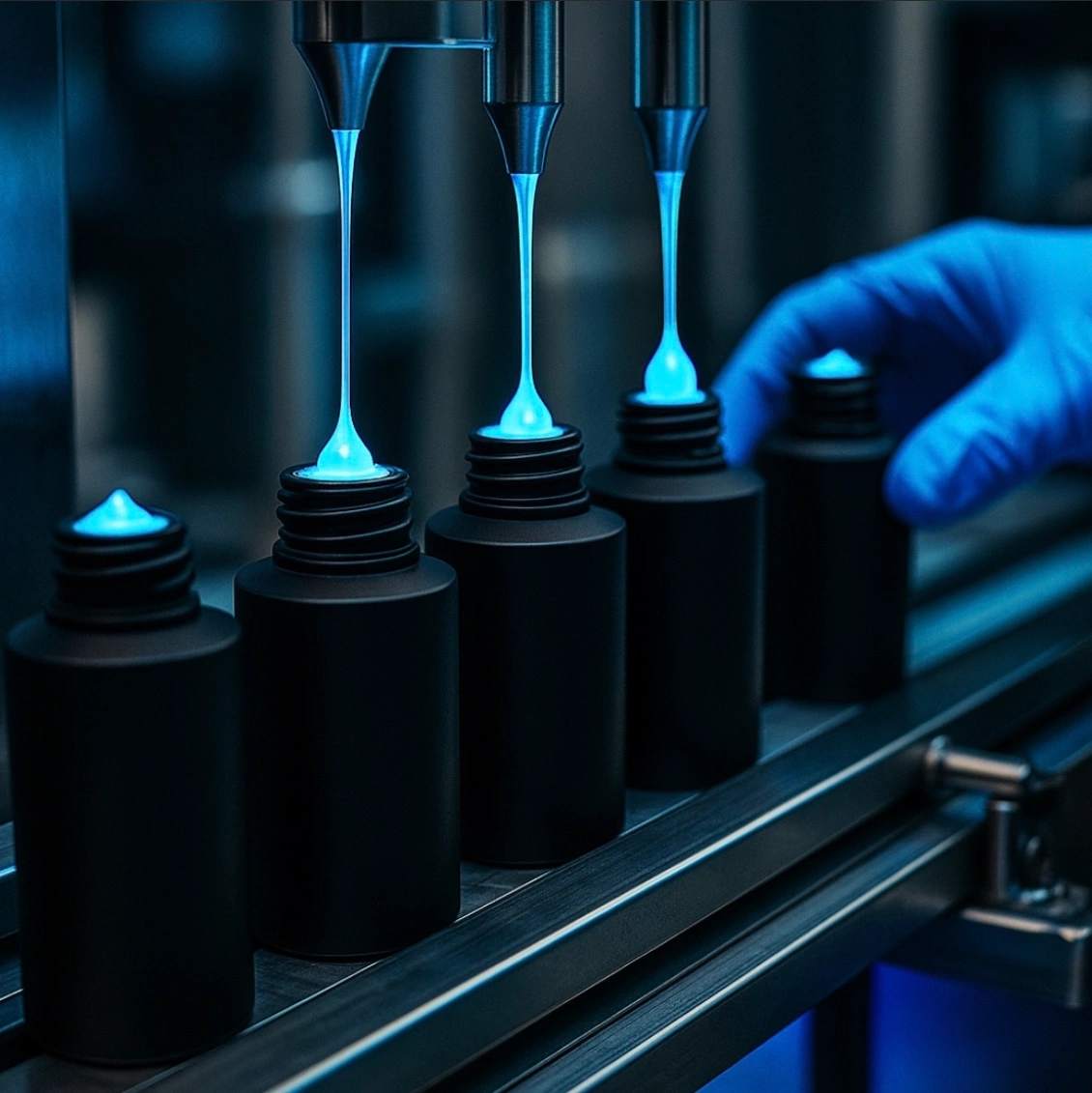 PureRiot Microneedling Serum being dispensed into black bottles on an automated production line with a gloved hand adjusting a bottle.