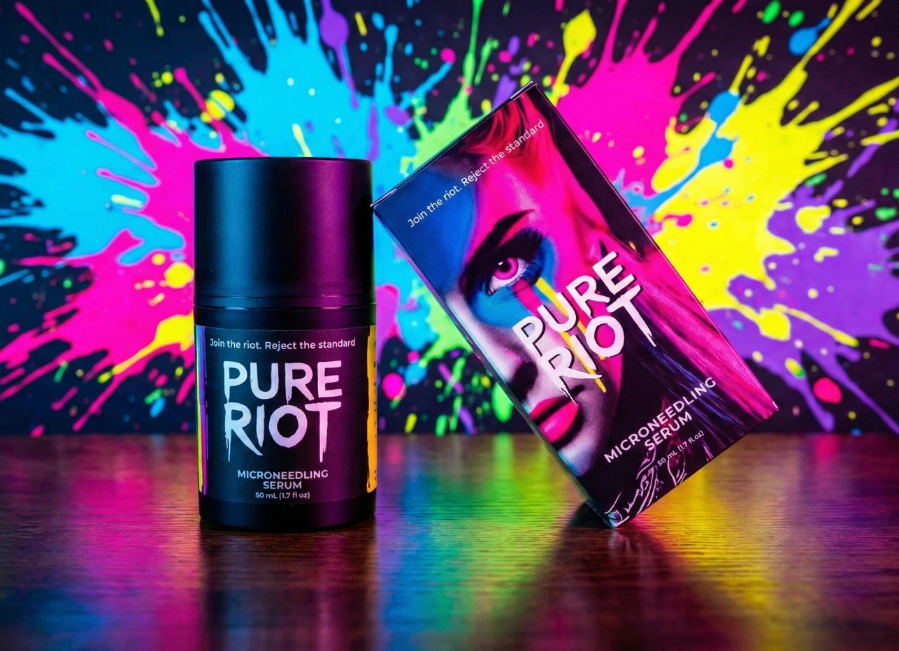 Bottle of PureRiot Microneedling Serum with a vibrant and beautiful background