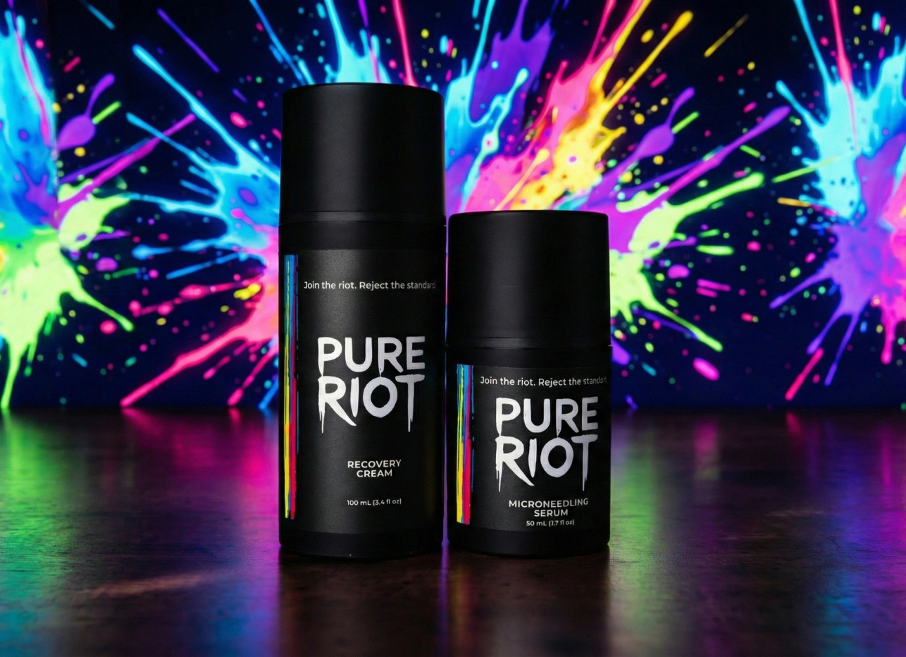 Bottle of PureRiot Microneedling Serum and Recovery Cream with a vibrant and beautiful background
