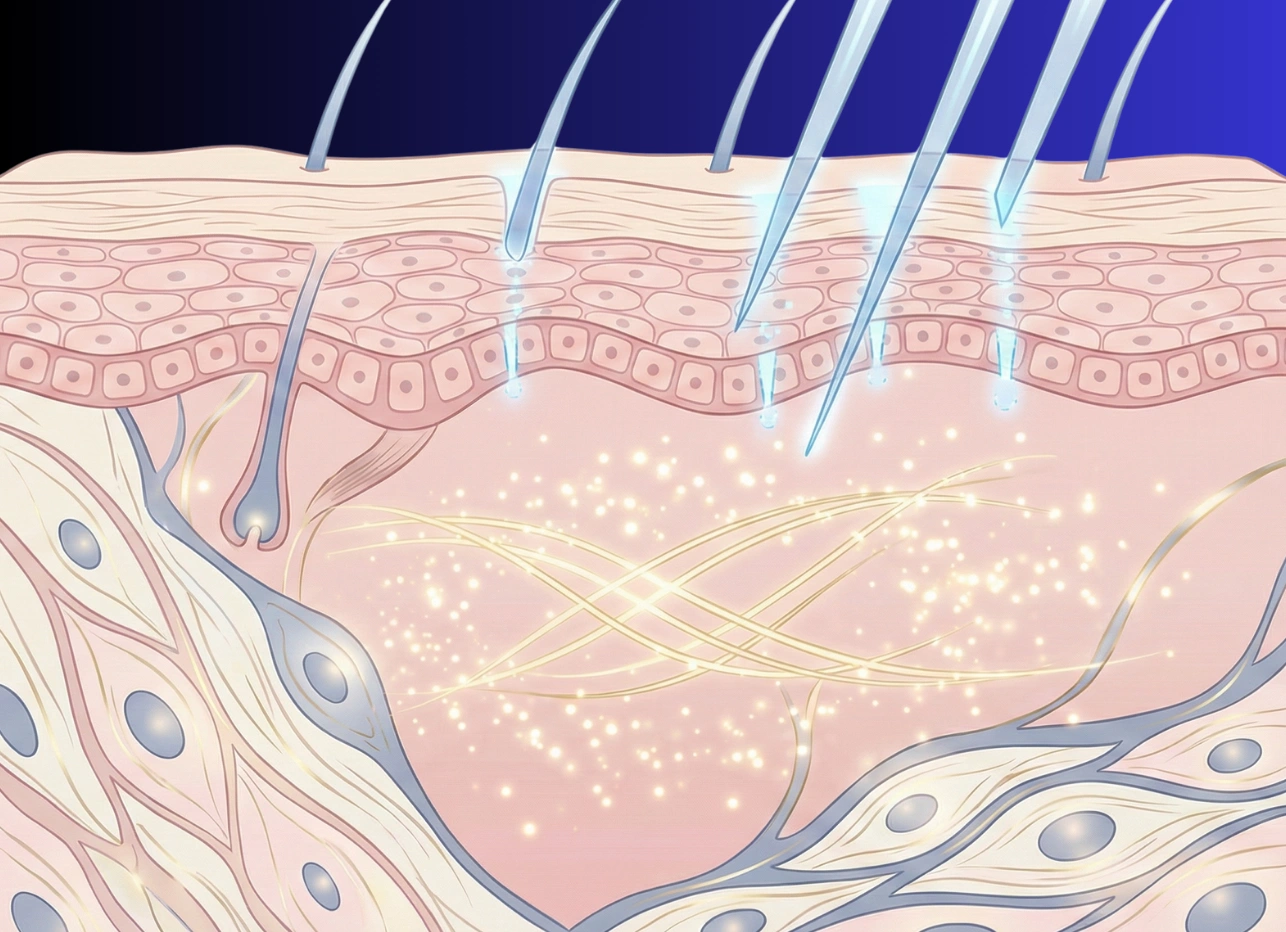 Scientific illustration showing collagen regeneration in skin after microneedling treatment