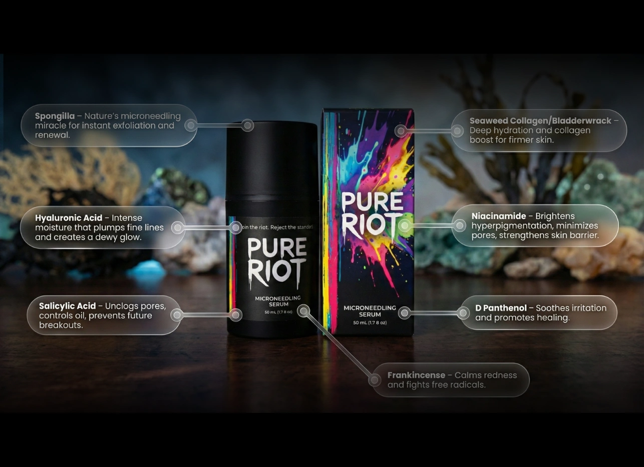 The PureRiot Microneedling serum product with annotations about the ingredients