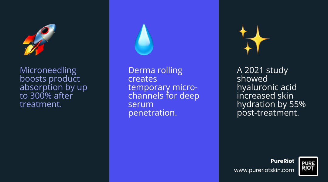 infographic showing derma rolling creating micro-channels that increase serum absorption by 300 percent compared to normal application, with arrows depicting ingredients penetrating through stratum corneum into dermis layer where collagen production occurs - serum for derma rolling infographic 3_facts_emoji_blue infographic showing derma rolling creating micro-channels that increase serum absorption by 300 percent compared to normal application, with arrows depicting ingredients penetrating through stratum corneum into dermis layer where collagen production occurs - serum for derma rolling infographic 3_facts_emoji_blue