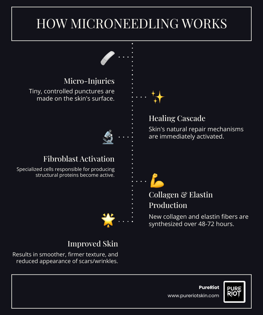 Infographic showing how microneedling works: microscopic injuries trigger skin's natural healing cascade, activating fibroblasts to produce new collagen and elastin over 48-72 hours, resulting in smoother, firmer skin texture and reduced appearance of scars and wrinkles - best diy microneedling infographic infographic-line-5-steps-dark