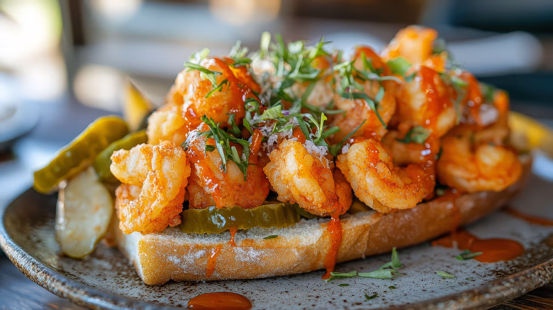 a shrimp po' boy sandwich, with fried shrimp, tangy pickles, and a drizzle of hot sauce