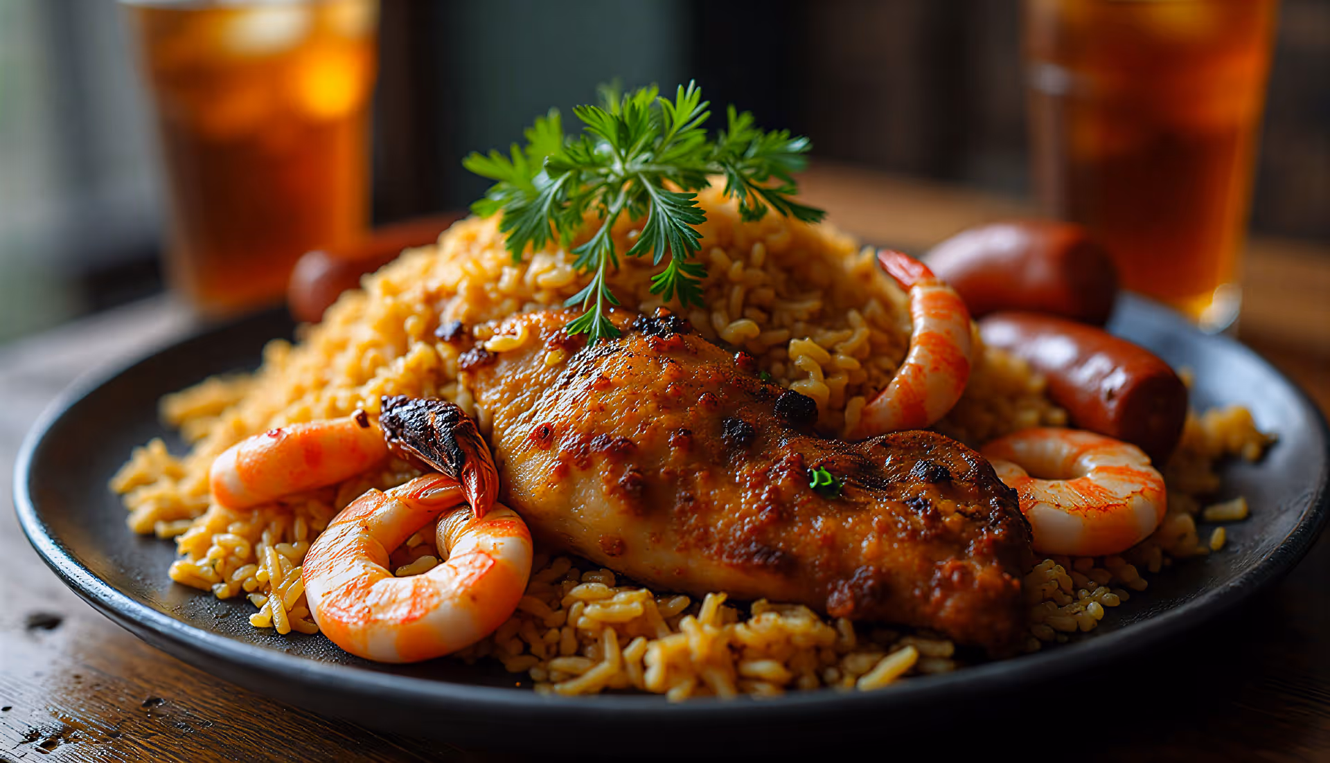 a traditional Louisiana Jambalaya, with seasoned rice topped with blackened chicken, plump shrimp, and spicy andouille sausage, garnished with fresh herbs