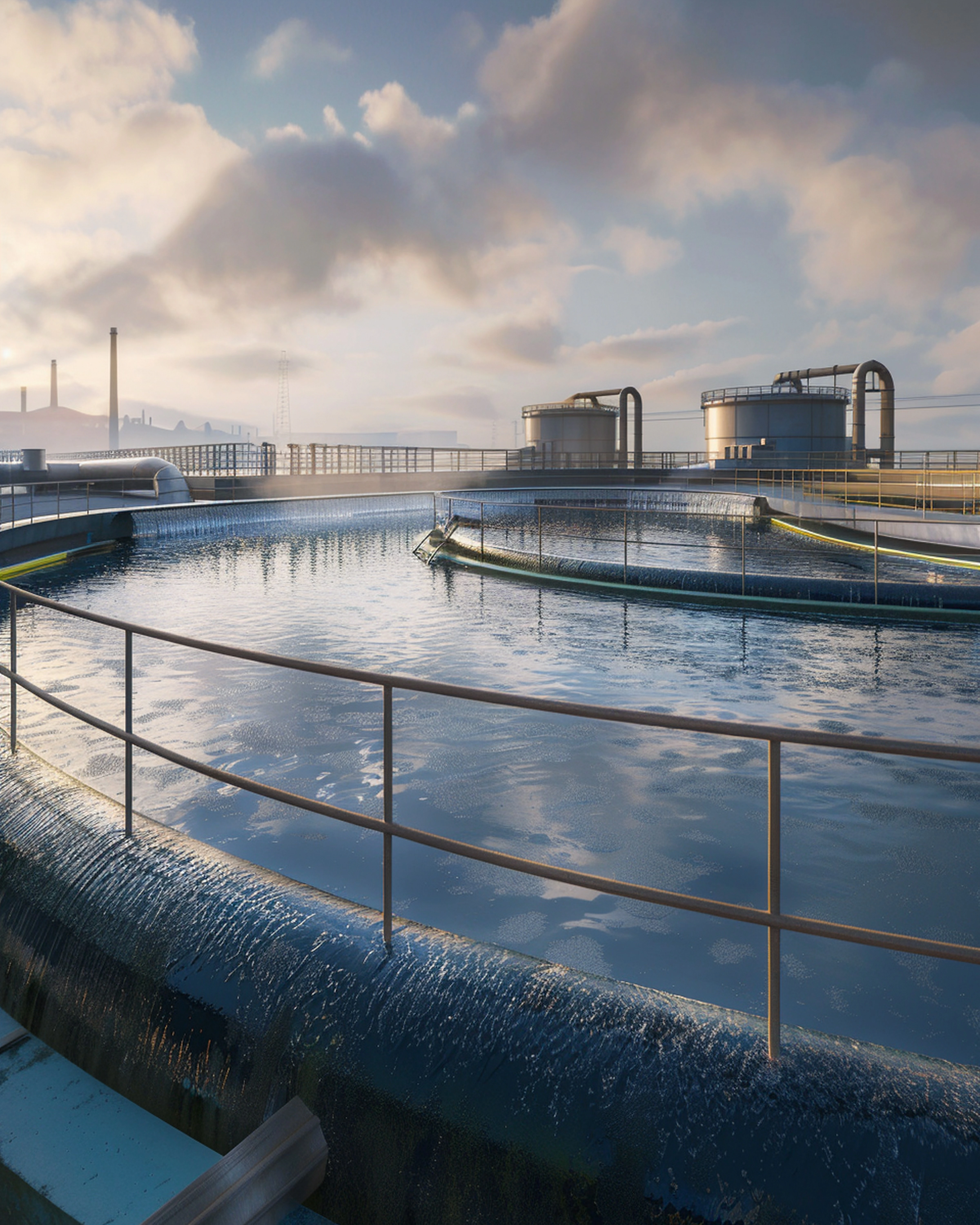 A modern industrial water-treatment facility featuring settling tanks, pipelines, and dosing infrastructure, representing OBL’s precision metering solutions for reliable chemical dosing