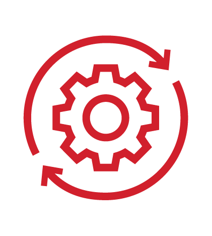 Red gear inside circular arrows representing automation or process cycle.