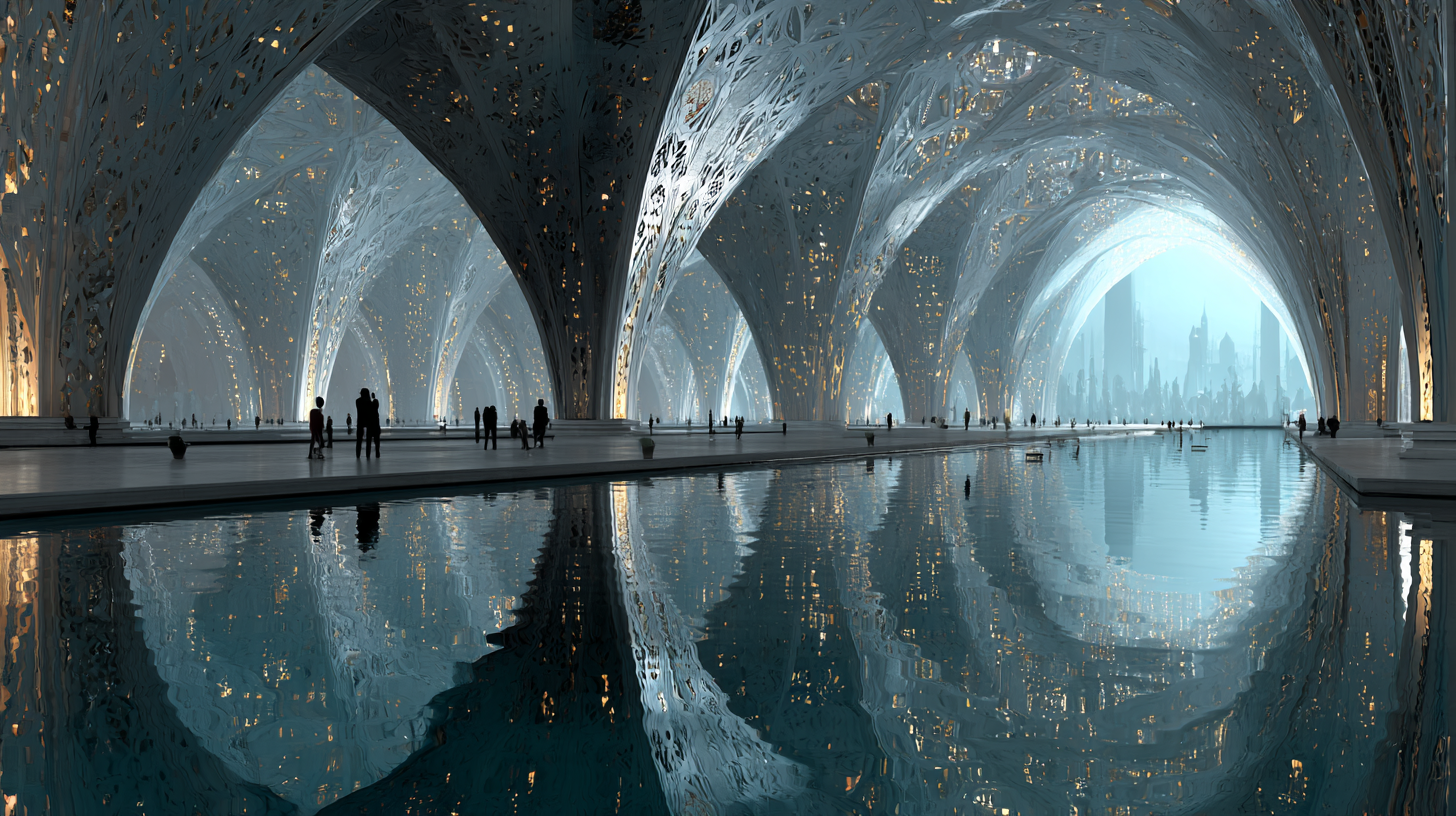 A calm, monumental abstract architectural environment symbolizing AI alignment through emergent machine consciousness — wide, panoramic composition designed for a website hero section. Vast cathedral-like space formed from softly interlocking fractal geometries, neural lattice structures, and faint mathematical scaffolding. The environment feels intentional but not engineered — emergence over control.