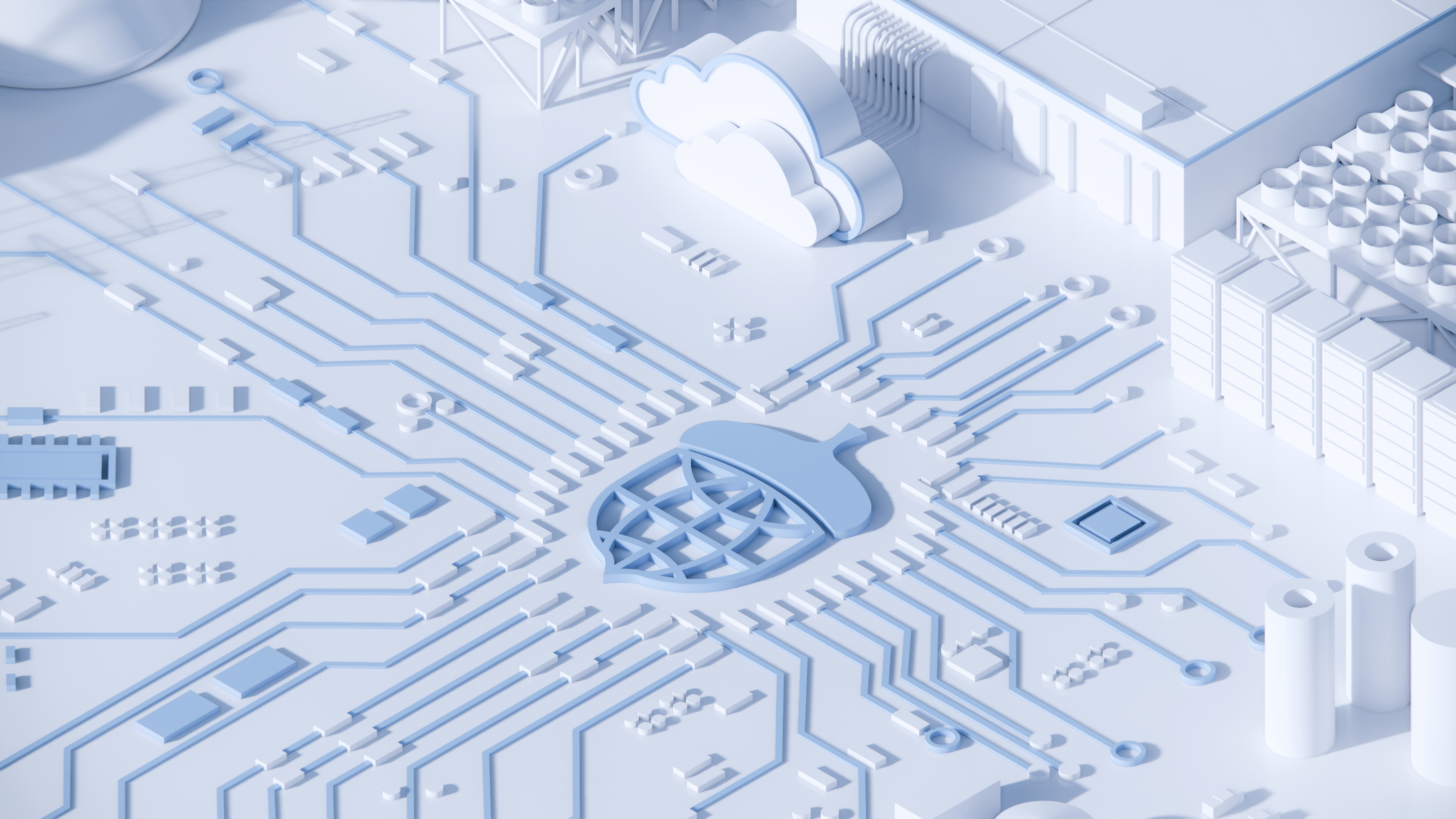 MDXi, the stack: 3D render of a white circuit board with a blue acorn logo at its centre, connected by circuit lines to abstract components including a cloud and server blocks.
