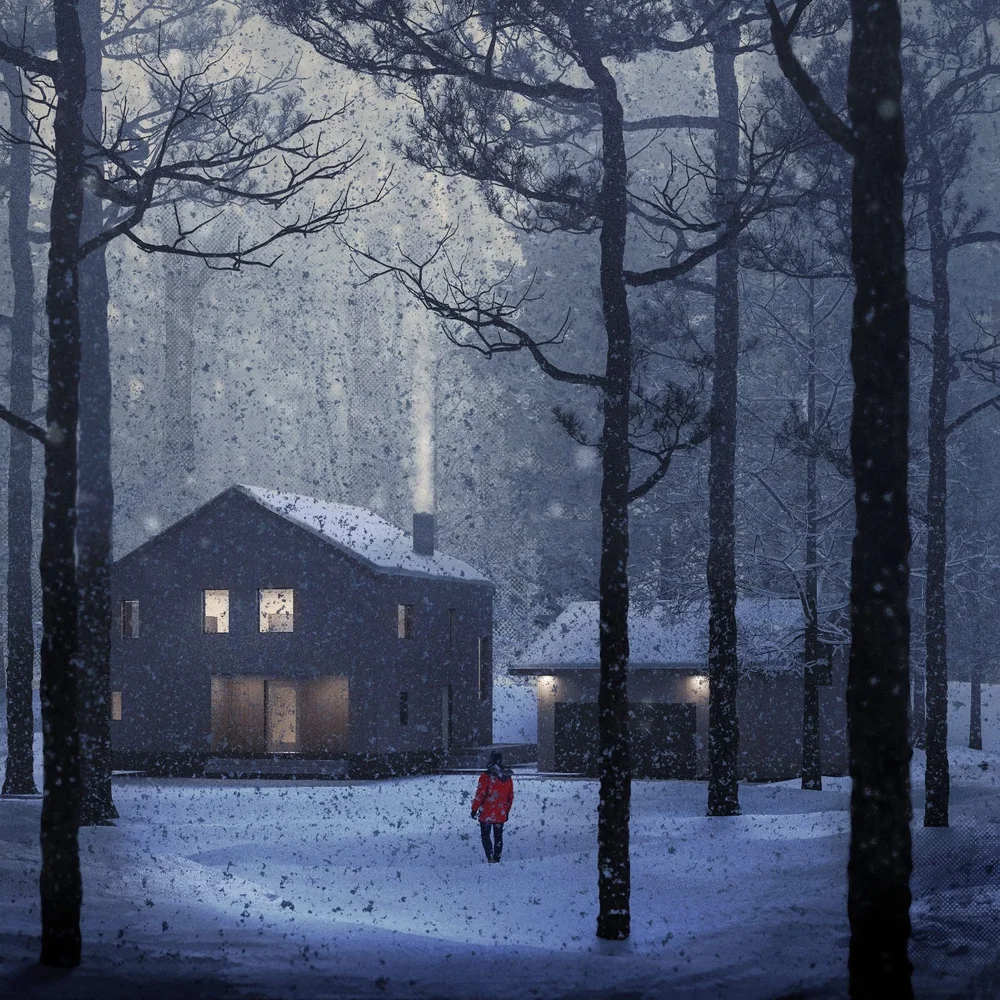 Little Doe Lodge, Canada: render of a snow-covered forest at dusk, with a figure in a red jacket walking towards a two-storey house with lit windows and a smoking chimney.