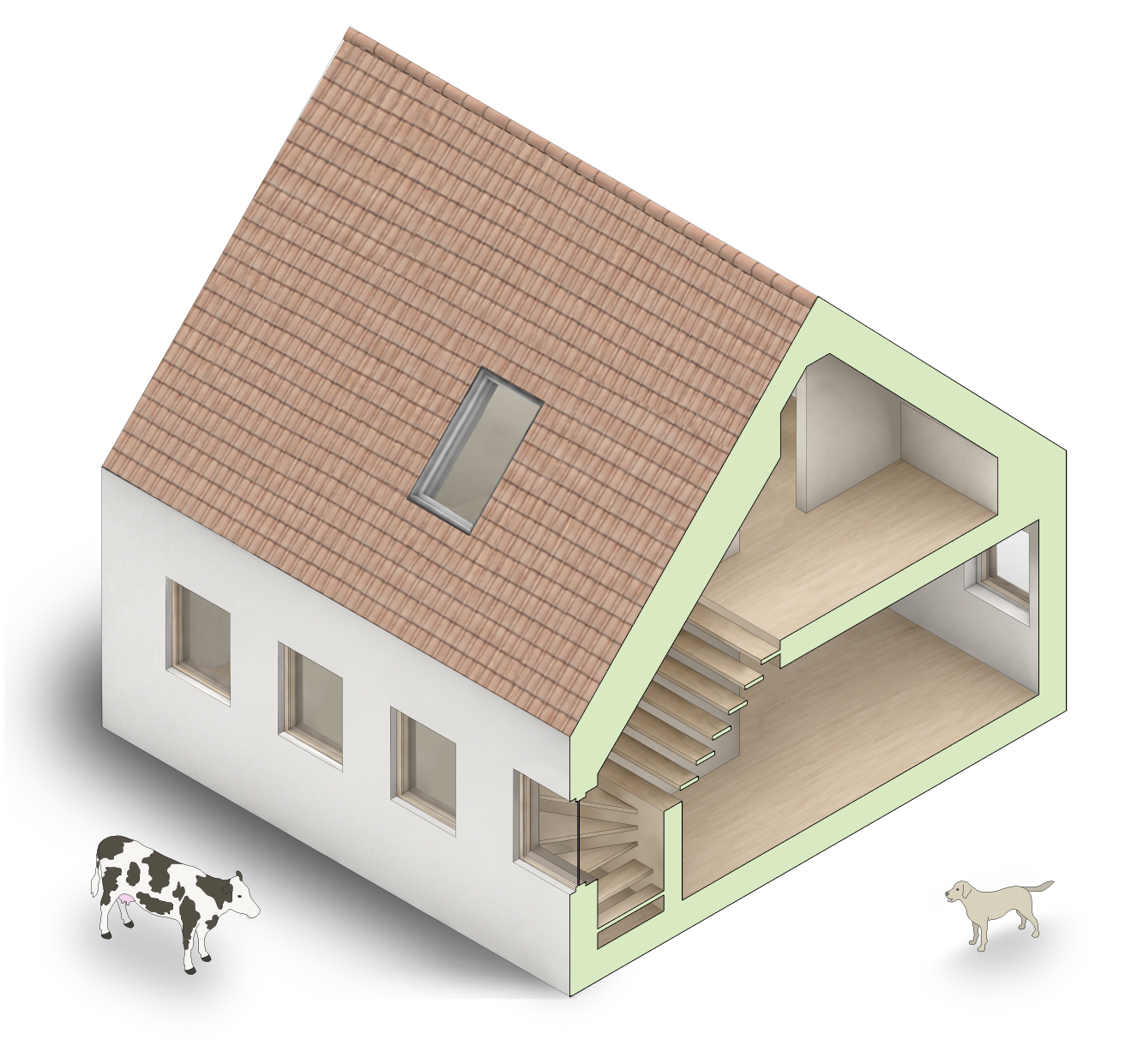 Danish barn conversion: 3D cutaway of a two-storey barn showing a timber staircase and light wood floors, with a cow and a dog outside.