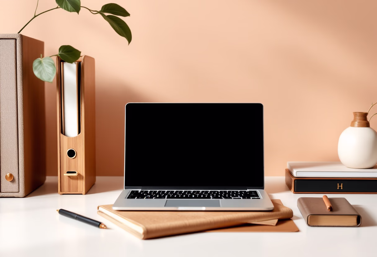 [background image] image of a work desk with a laptop and documents (for a ai legal tech company)