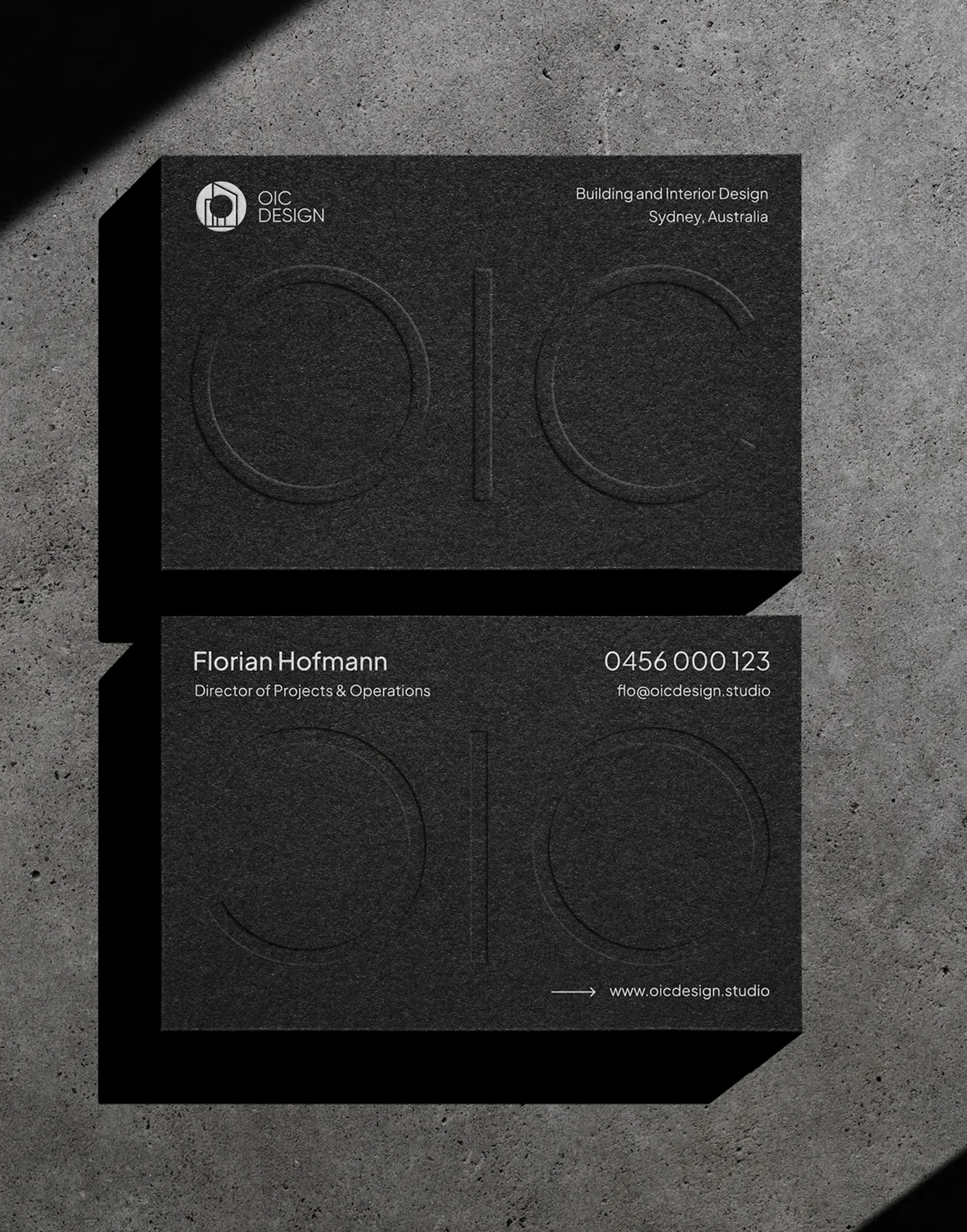 Black minimalist business card with embossing for architecture and design studio