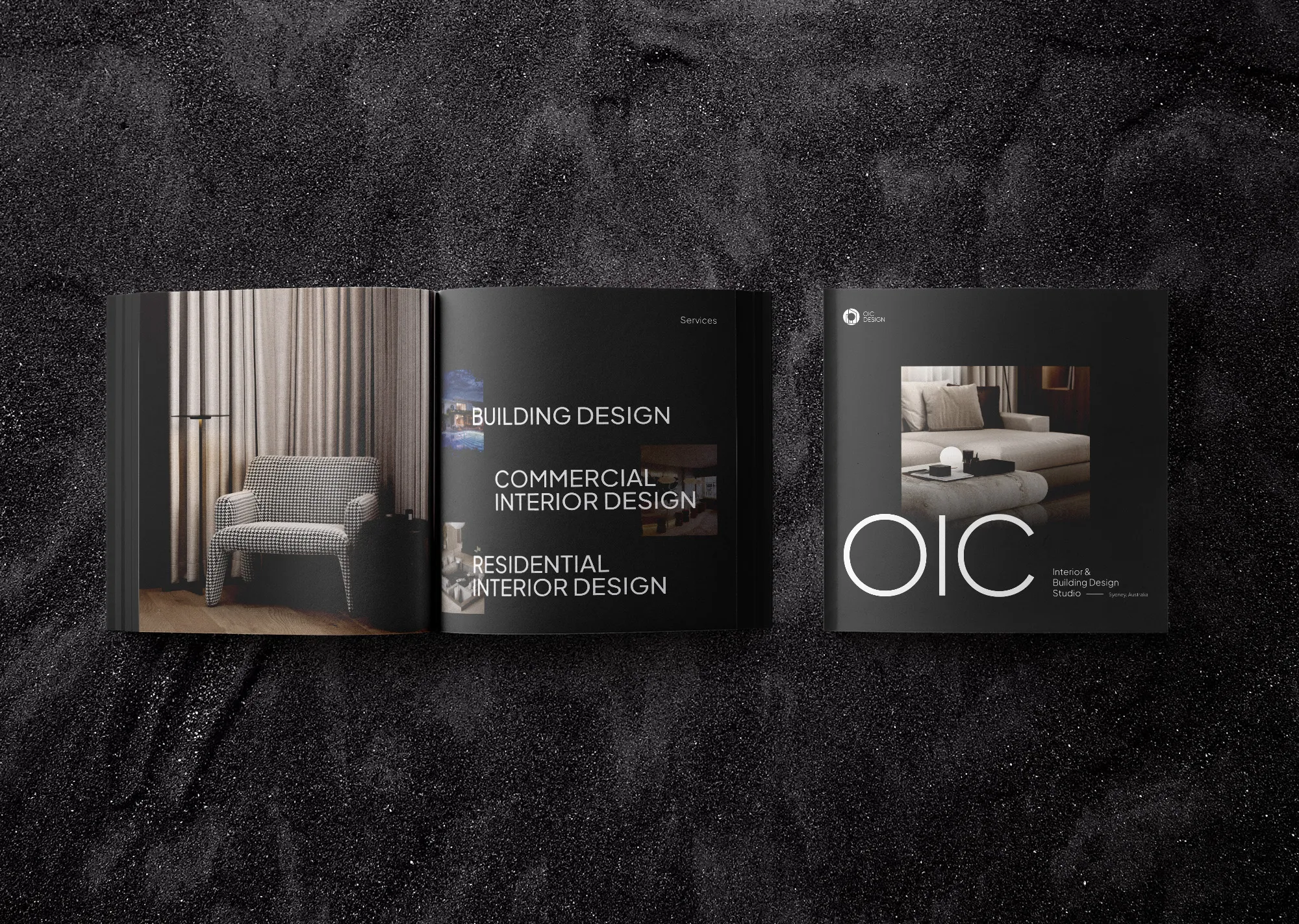 Square dark brochure design for architect and interior designer