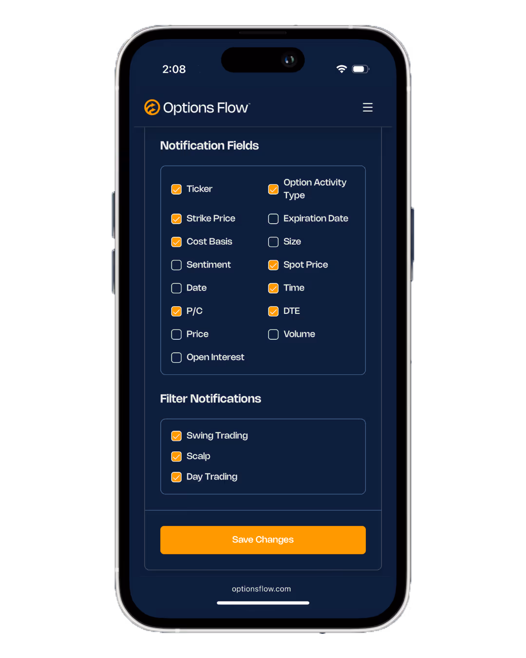 Options Flow mobile app sending real-time flow alerts for unusual options activity, showing MRVL and SOC trades with live notifications on a smartphone screen