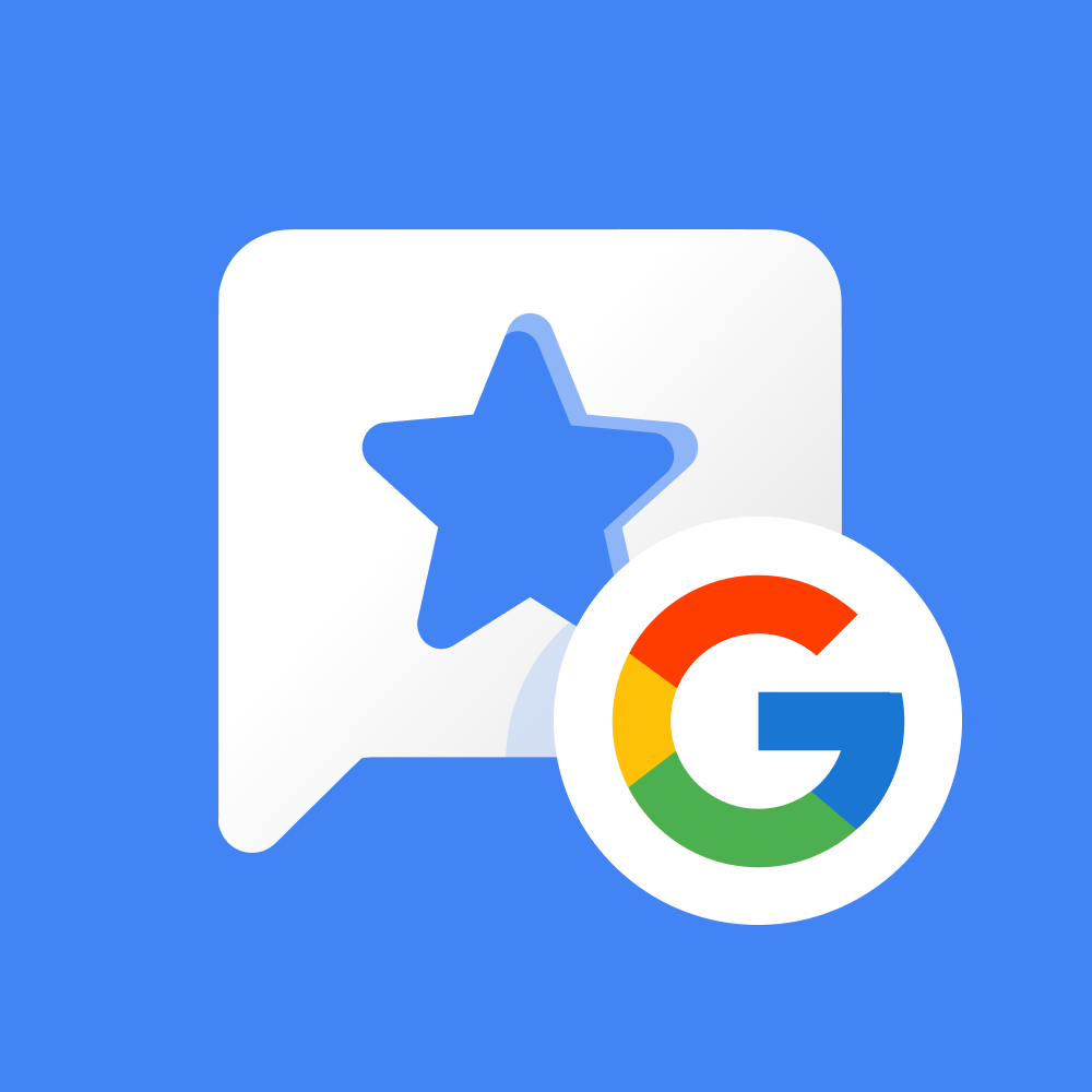 Google review icon with a speech bubble featuring a star and the Google logo on a blue background.
