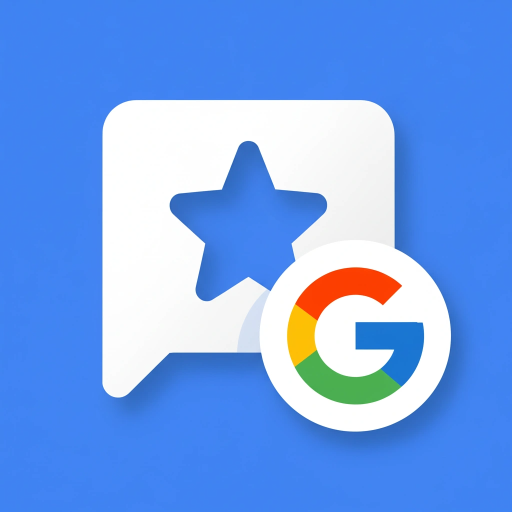 Google review icon with a speech bubble featuring a star and the Google logo on a blue background.