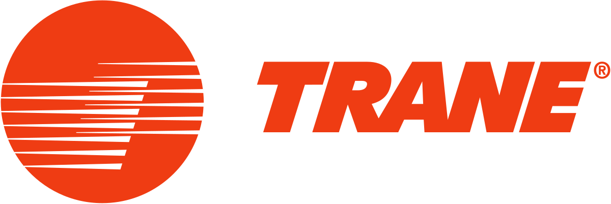 Trane logo featuring a red circular design with horizontal lines and bold text.