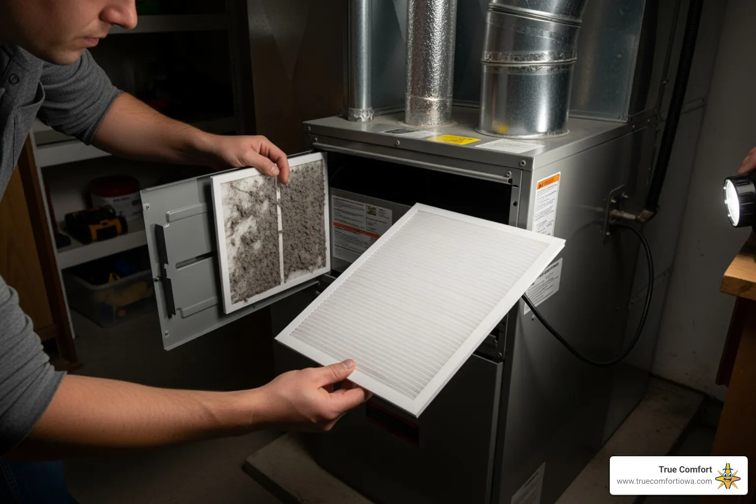 of a homeowner changing an HVAC air filter - HVAC repair quote