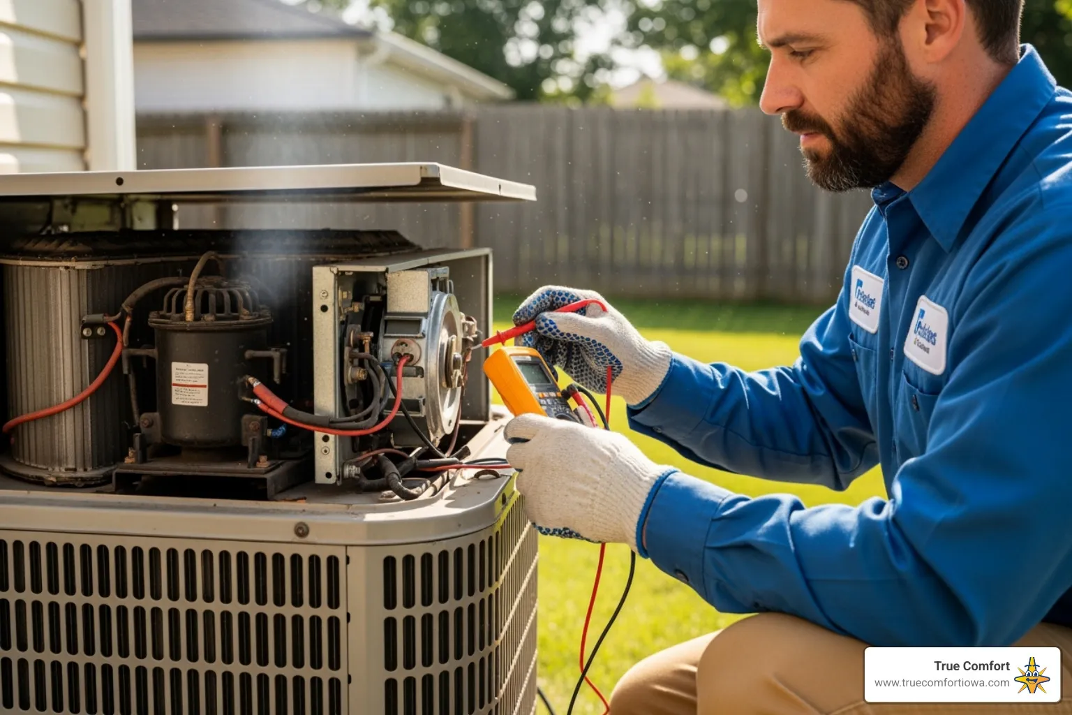 technician inspecting an older AC unit - ac replacement des moines