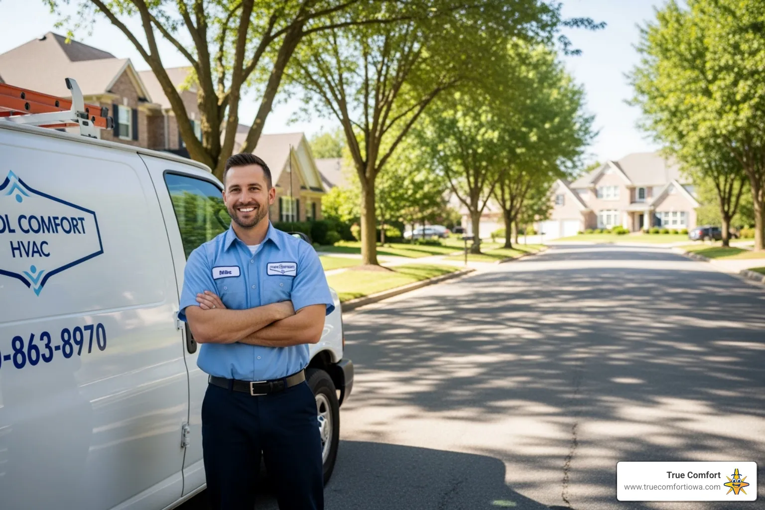 a friendly technician with a service van in a local Ankeny neighborhood - heating and cooling ankeny