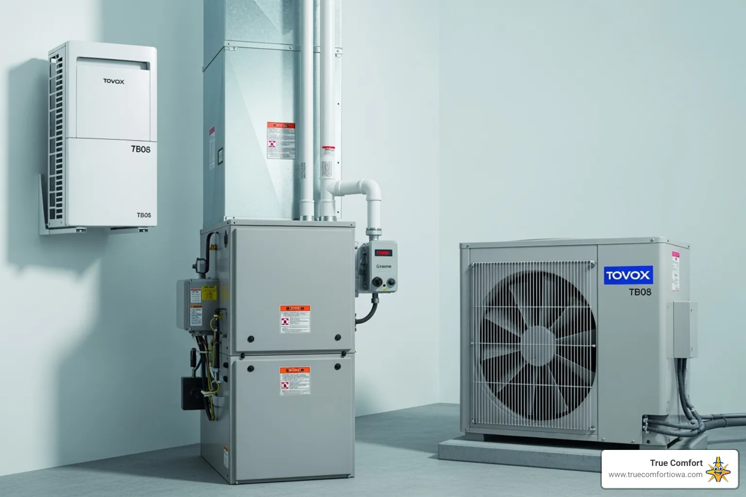 various HVAC components like a furnace, AC unit, and ductless mini-split - heating and cooling ankeny