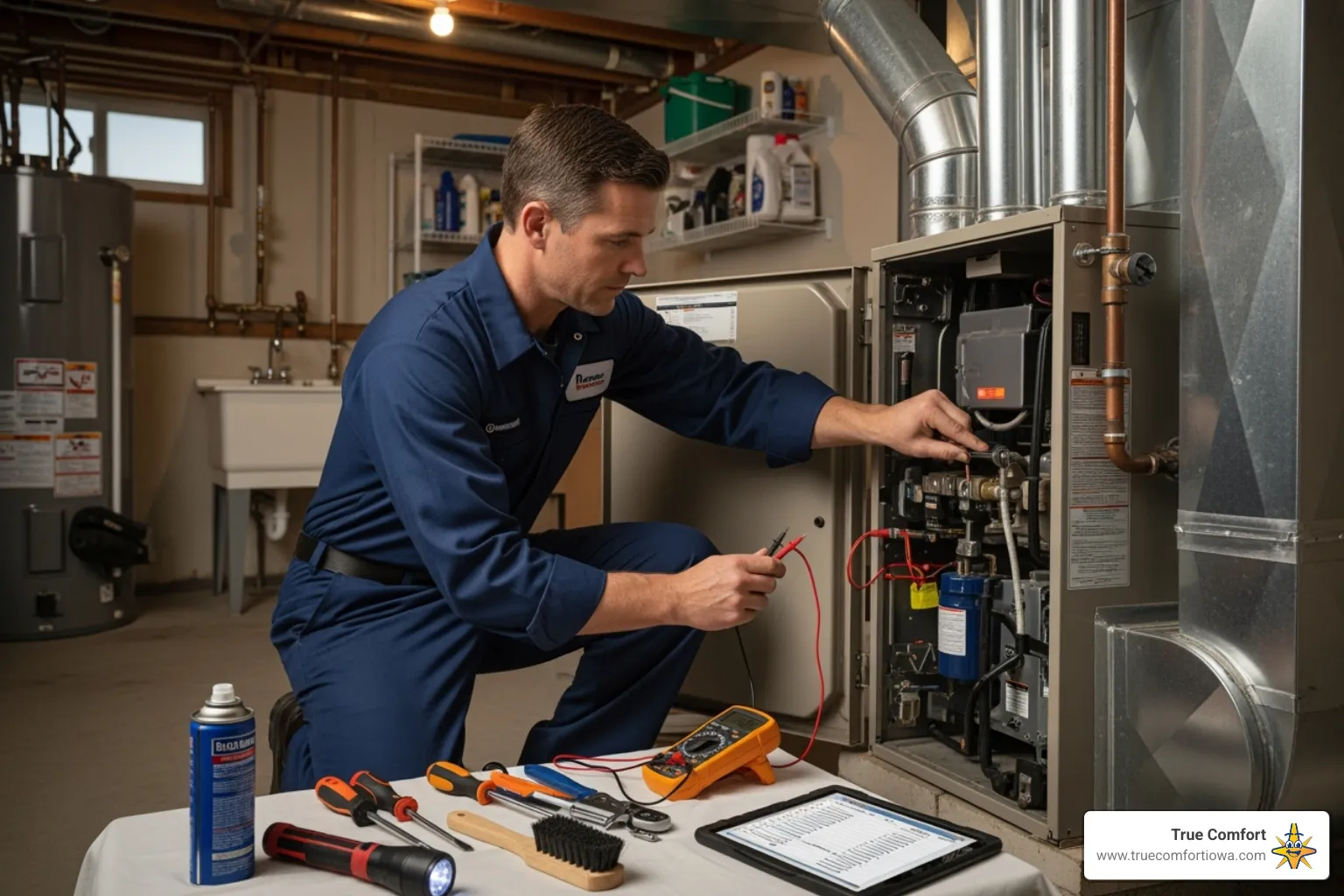 a technician performing a tune-up on a furnace - heating and cooling ankeny