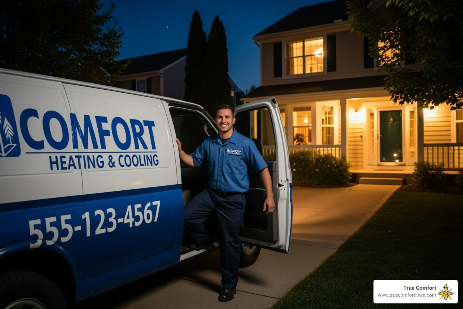 friendly technician in a branded van arriving at a Des Moines home at night - 24 hour furnace repair des moines