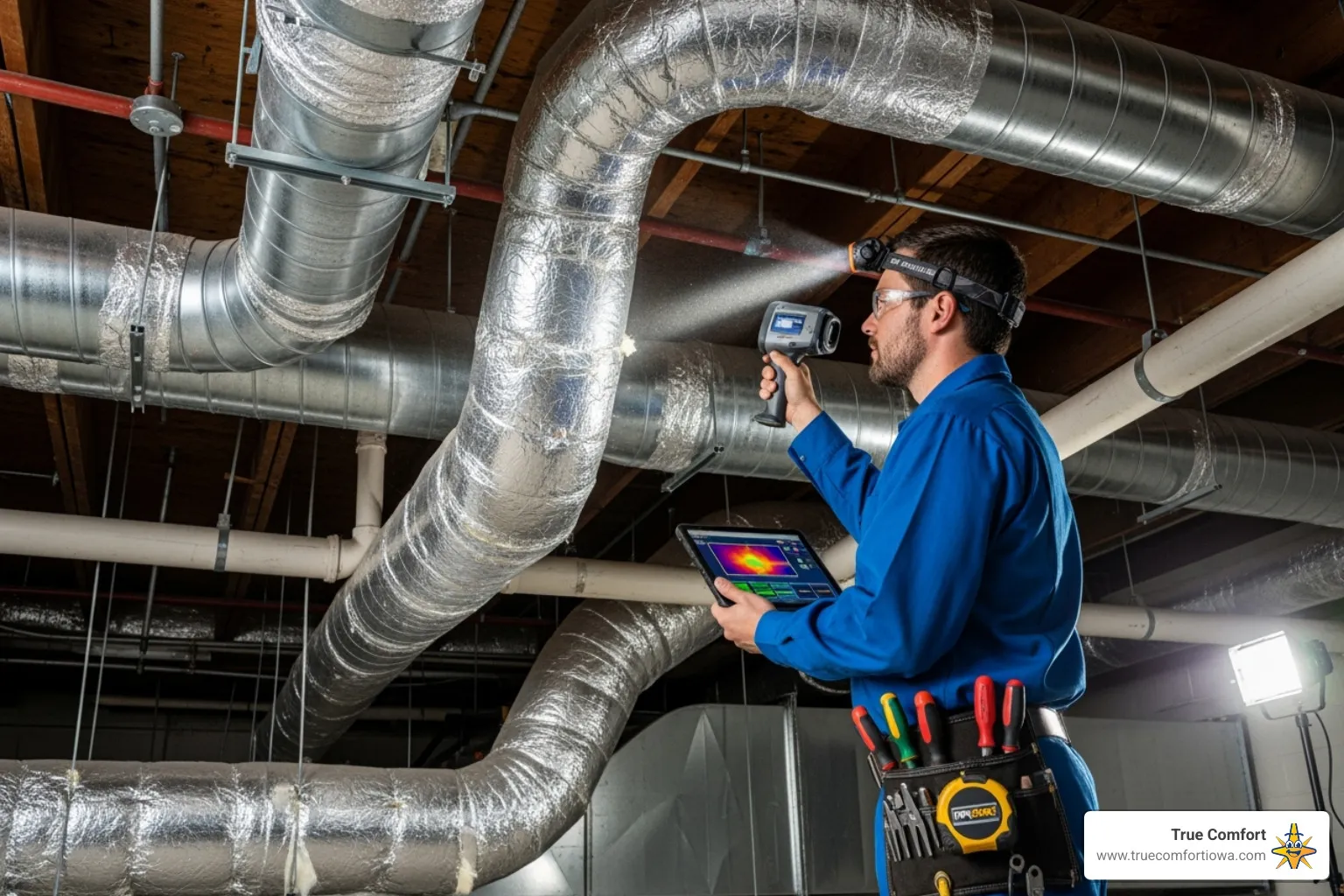 Certified technician inspecting ductwork with professional equipment - duct cleaning companies des moines